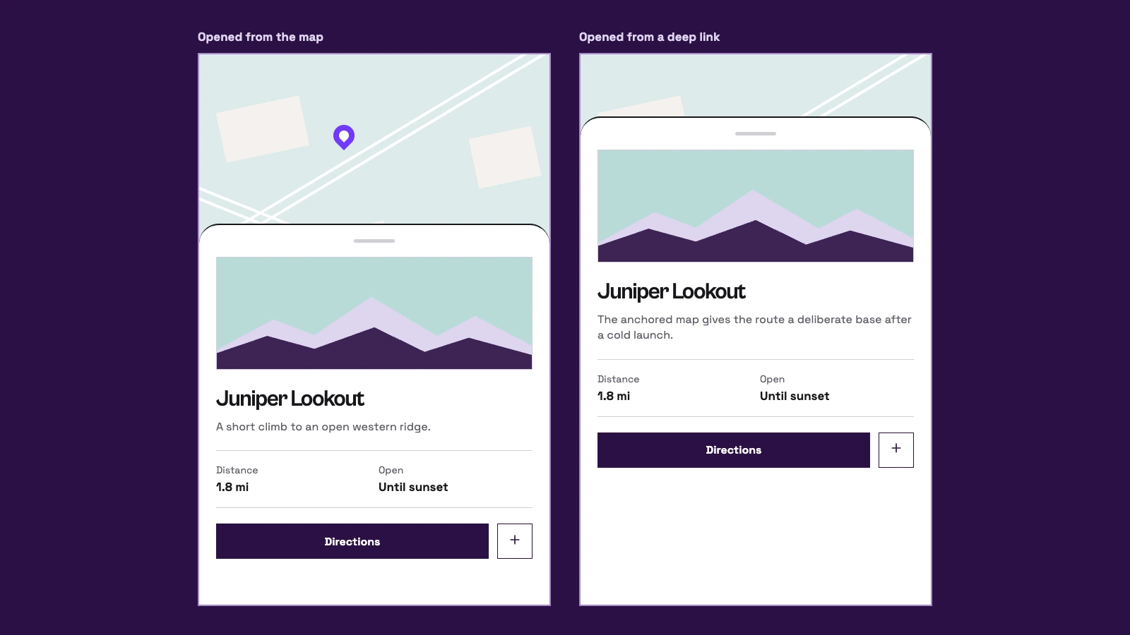 Two application mockups showing the same place route as a sheet over the selected map and over an anchored map after a deep link