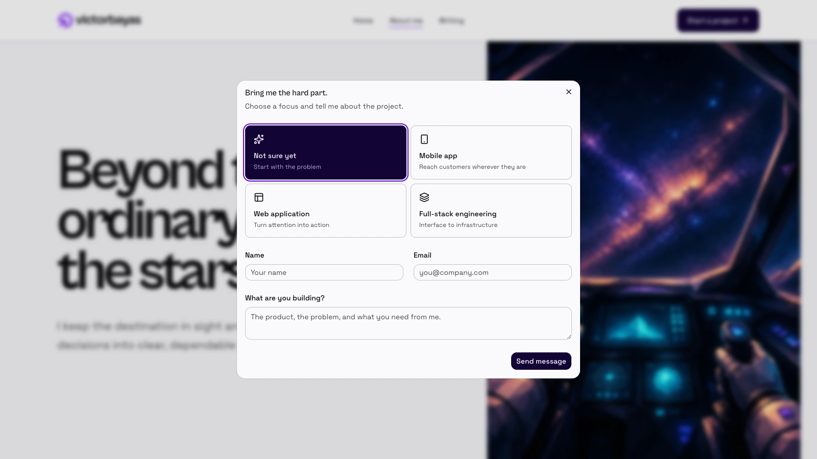Contact dialog open over the About page while the masked route is /contact